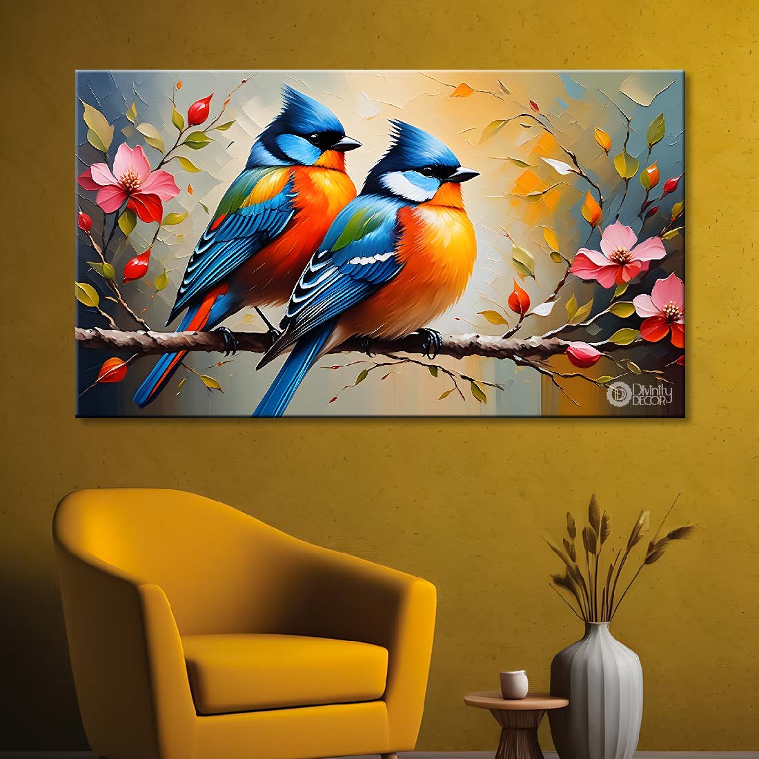 Two birds on the branch with pink flowers in grey background textured art - Design - Animal - 144