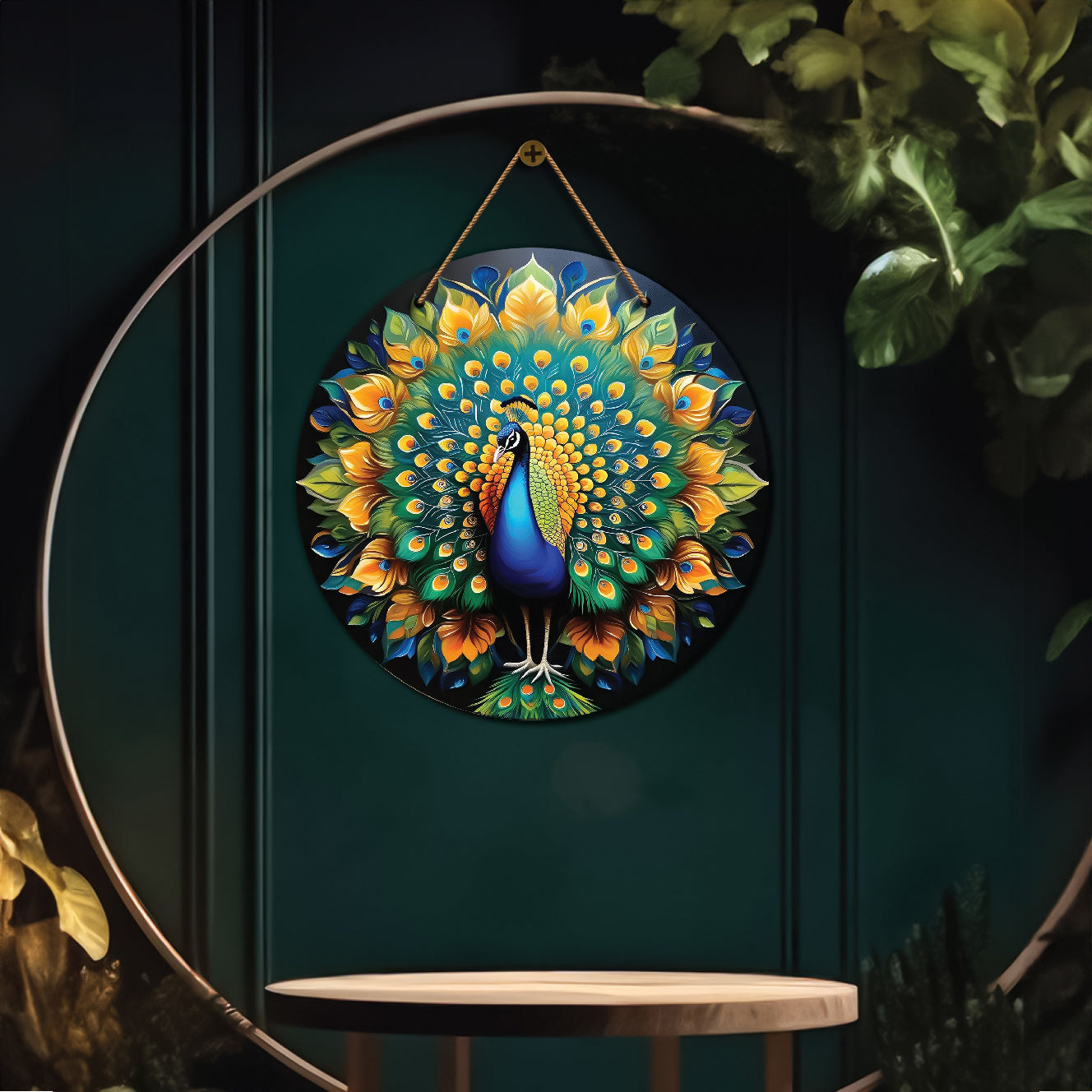 Peacock in green and yellow mandala Round Wooden Wall Hanging for wall Décor - Design - 144