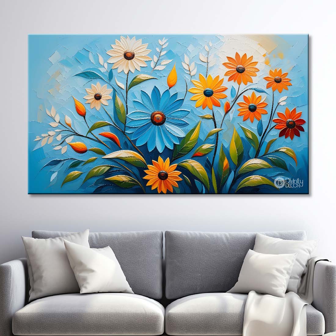 White and yellow  flowers with blue background painting- Design - Flower-145