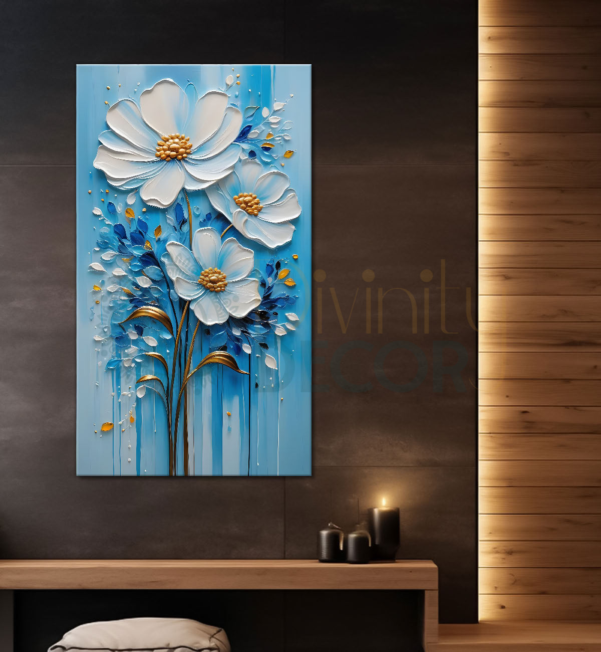 White flowers in sky blue textured background painting- Flower-V-145
