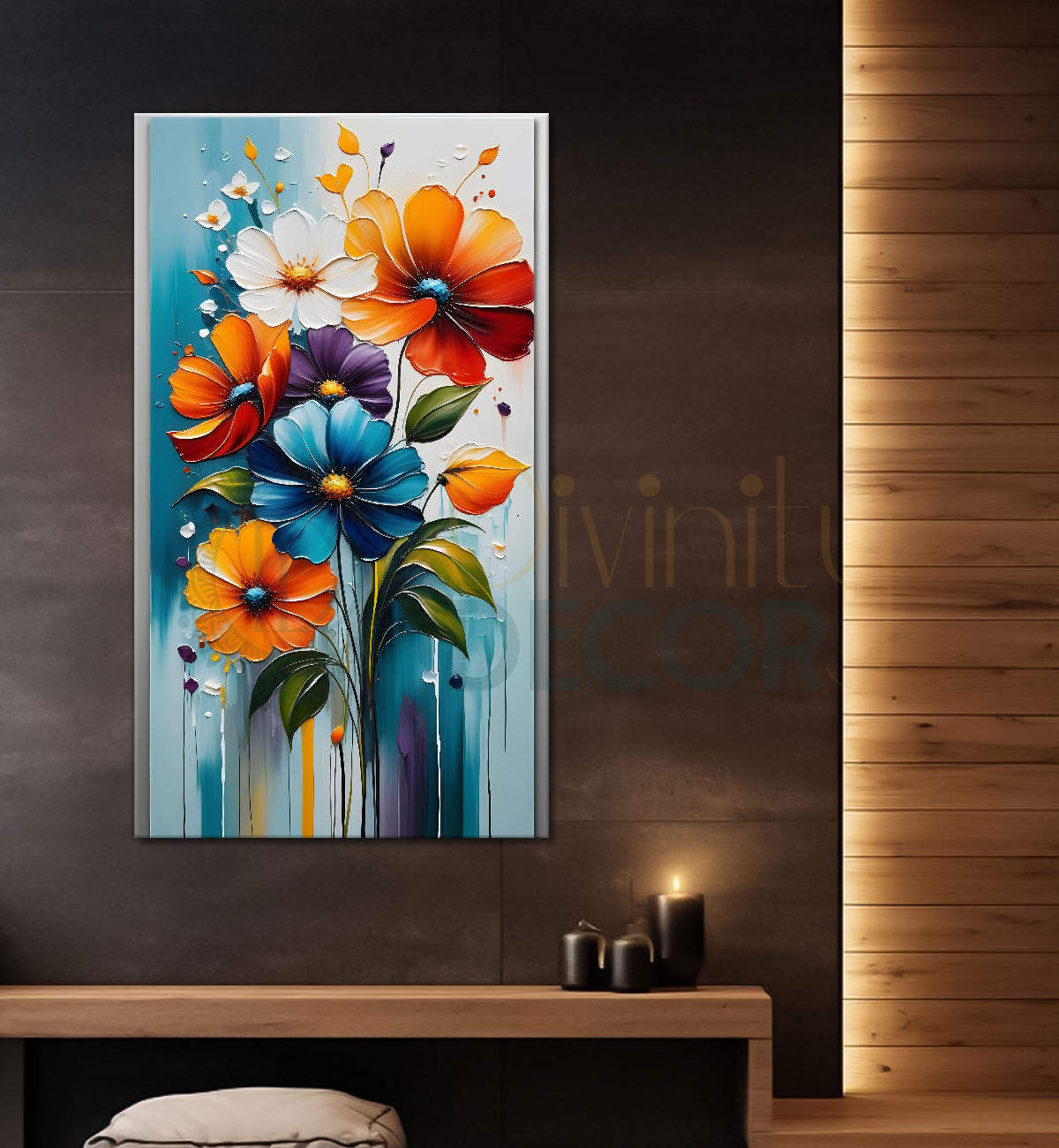 Colourful flowers with light blue textured painting- Flower-V-146