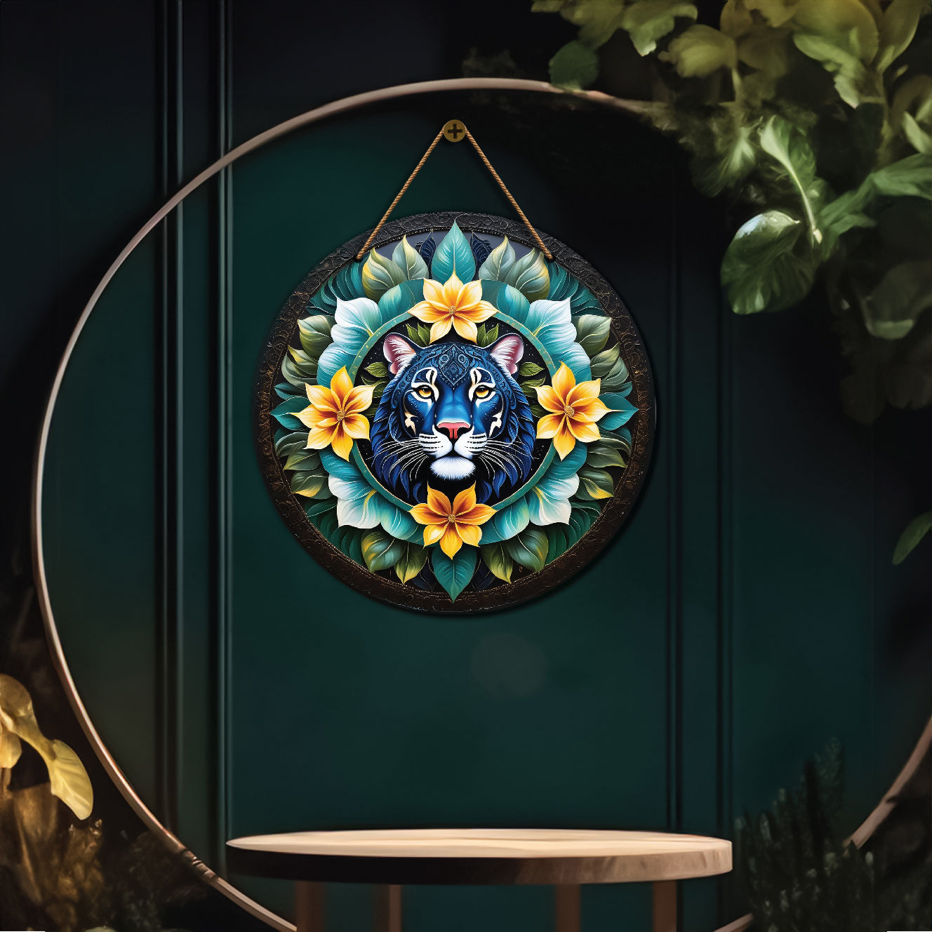 Tiger in green and floral mandala Round Wooden Wall Hanging for wall Décor - Design - 146