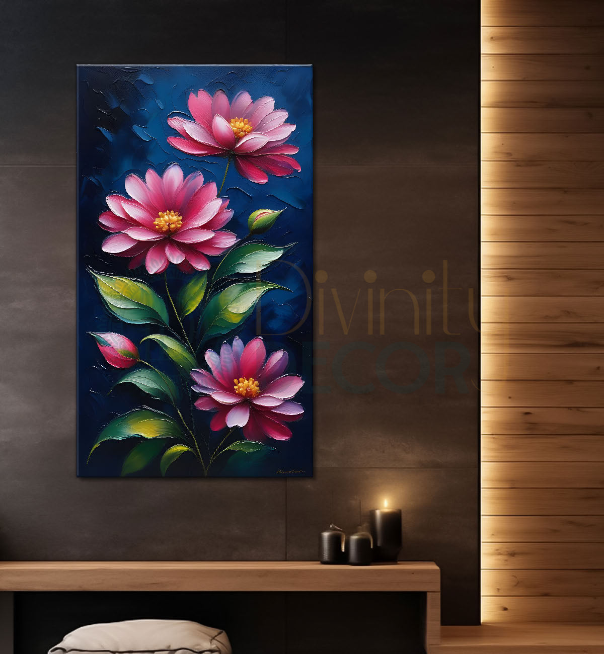 Pink flowers in navy blue textured background painting- Flower-V-147