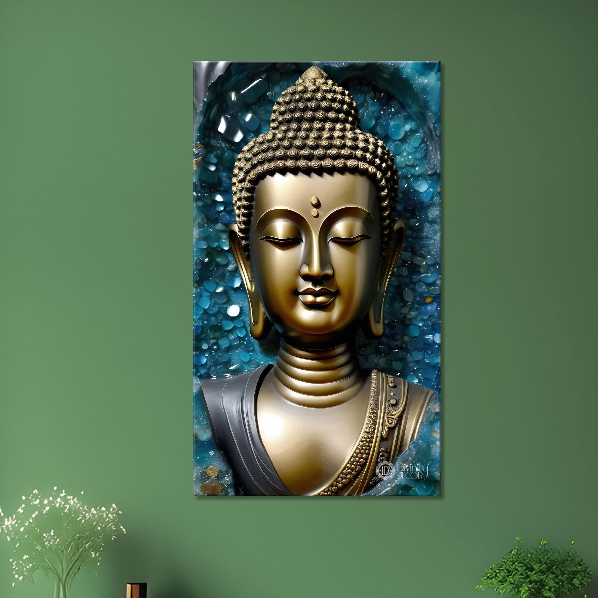 Golden buddha with blue background painting - Buddha-V-147