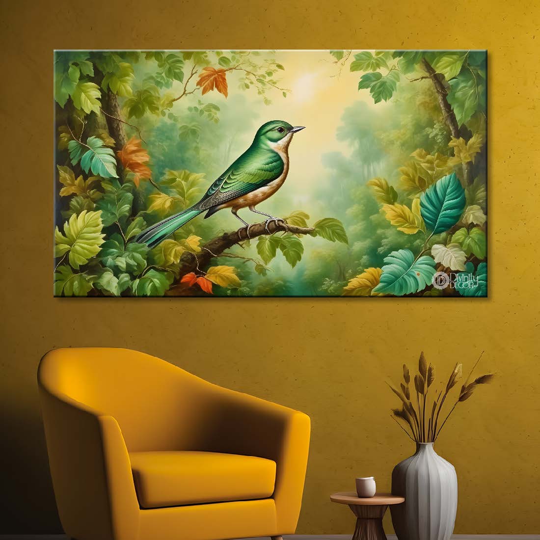 Green bird in green background textured art. - Design - Animal - 147