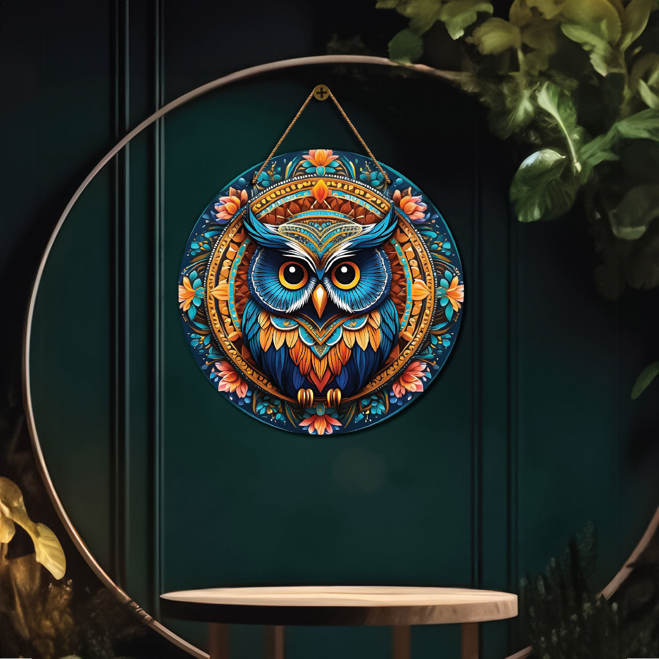 Owl in green and orange mandala Round Wooden Wall Hanging for wall Décor - Design - 147