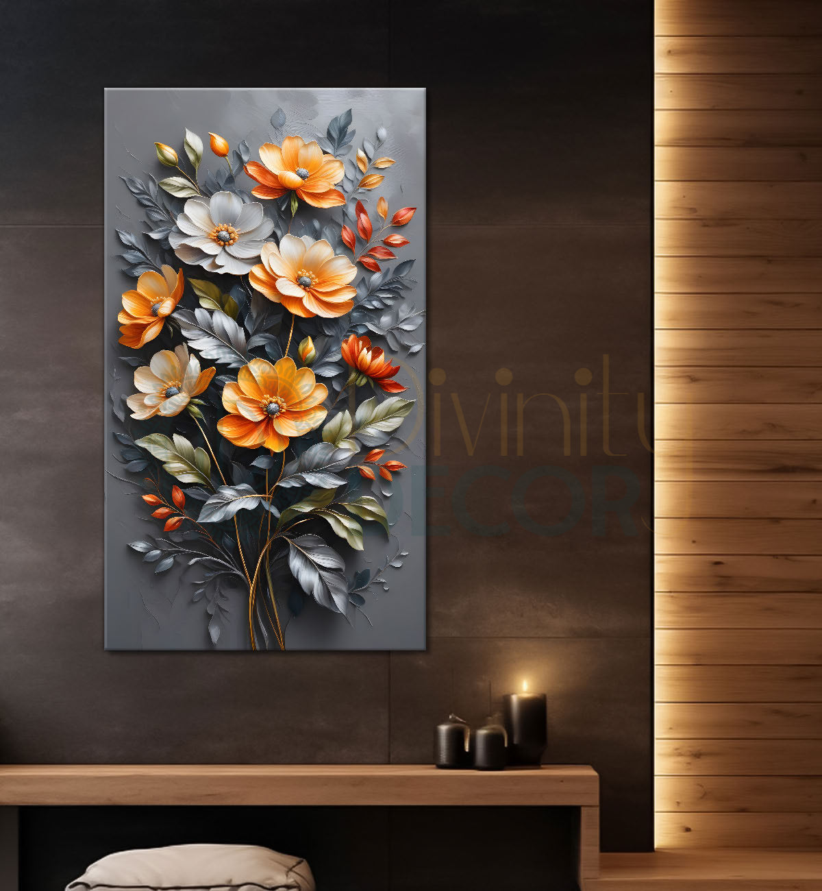 Orange and white flowers in grey textured painting- Flower-V-148