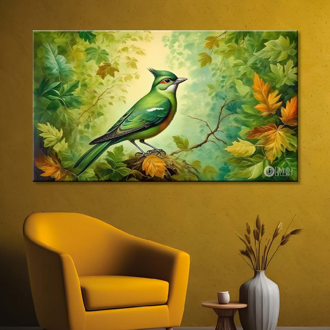 Green bird in green background textured art. - Design - Animal - 148
