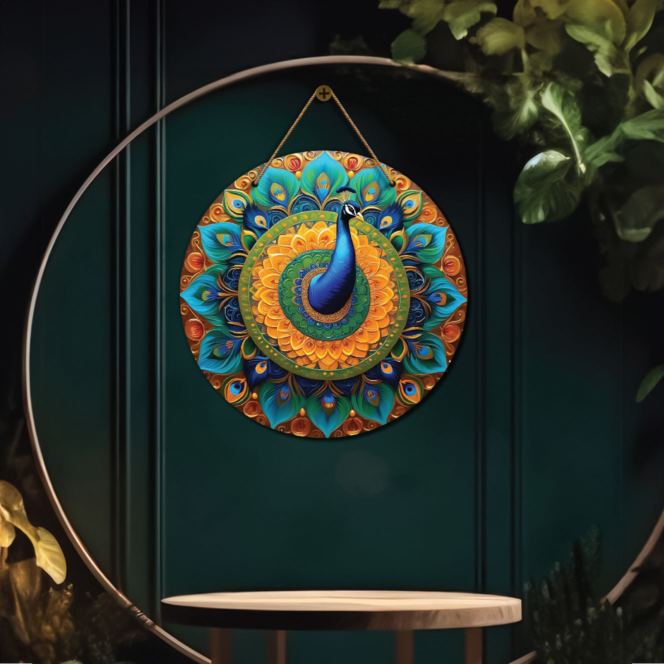 Peacock in green and brown mandala Round Wooden Wall Hanging for wall Décor - Design - 149
