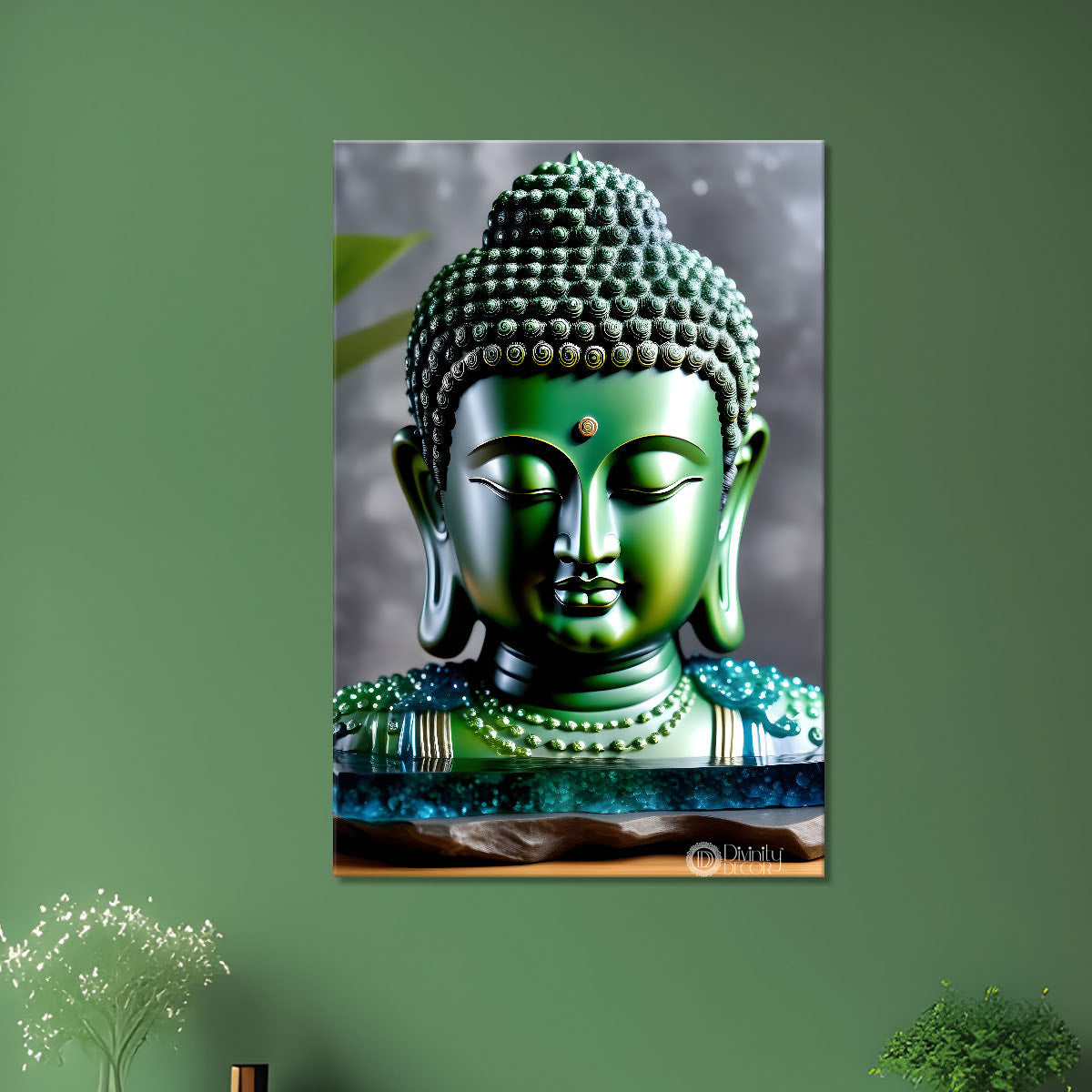 Green textured buddha face in grey background   - Buddha-V-149