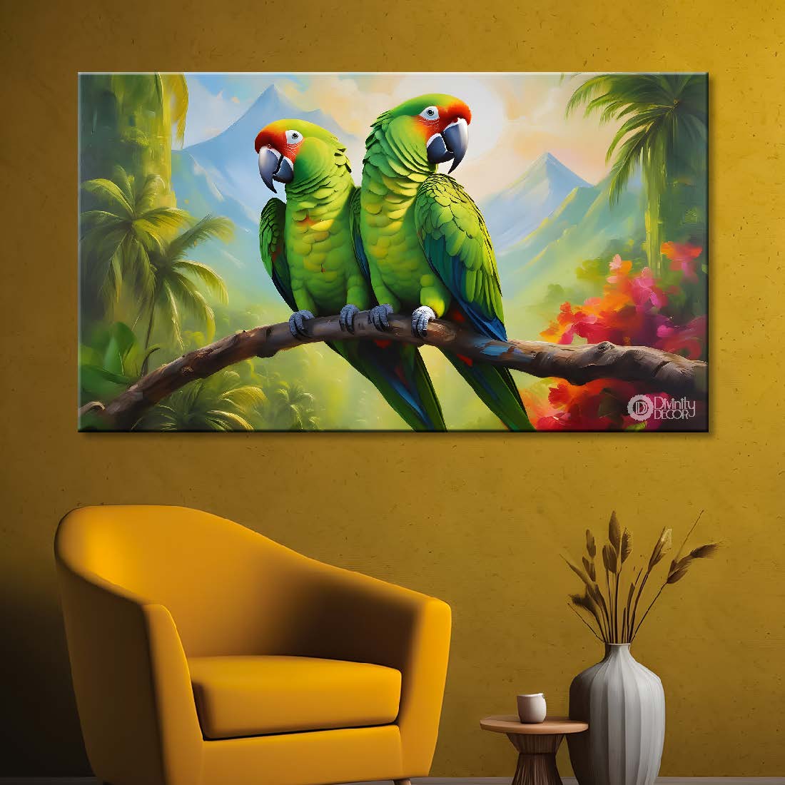 Two parrots on the branch with green background textured art. - Design - Animal - 149