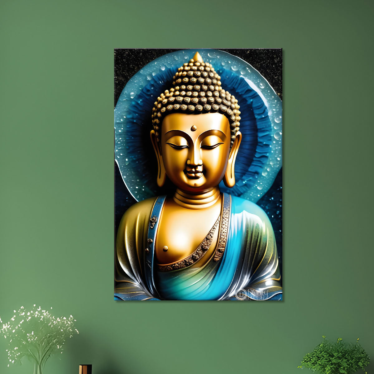 Golden buddha with blue chakra background painting - Buddha-V-150