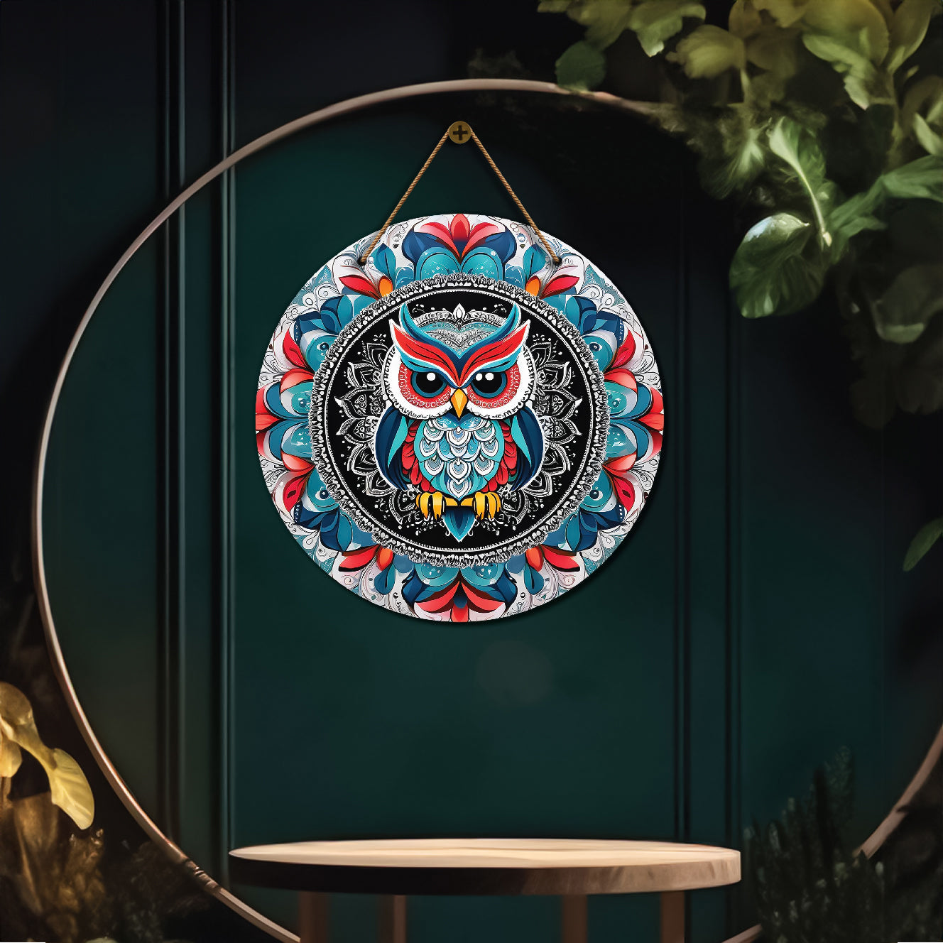 Owl in blue and pink mandala Round Wooden Wall Hanging for wall Décor - Design - 150