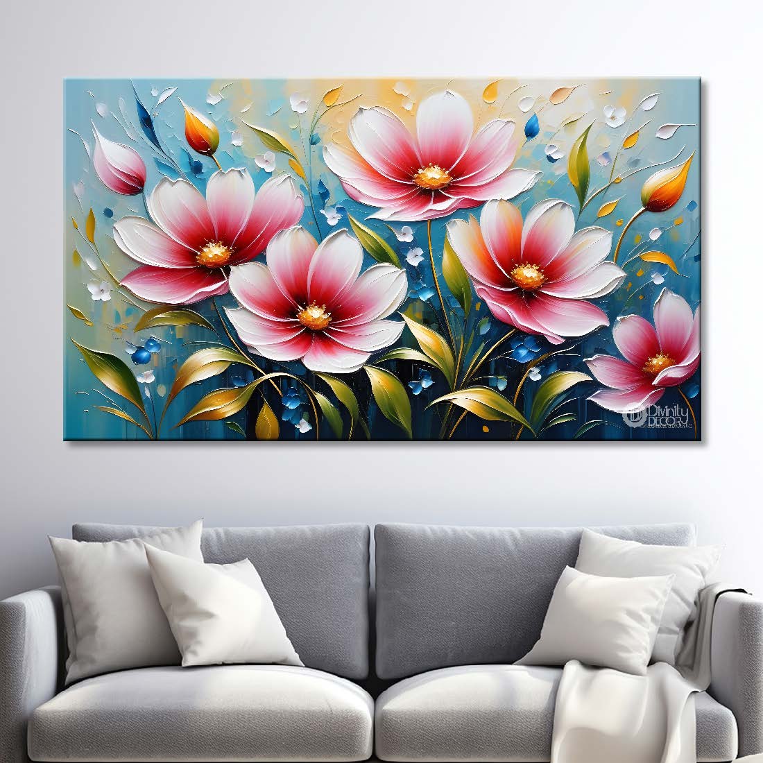 Pink flowers with blue background painting- Design - Flower-151