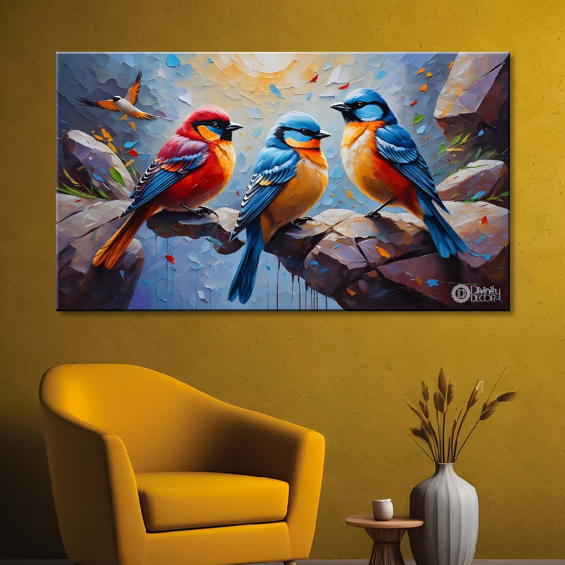 Colorful birds on the rocks in grey background textured art. - Design - Animal - 151