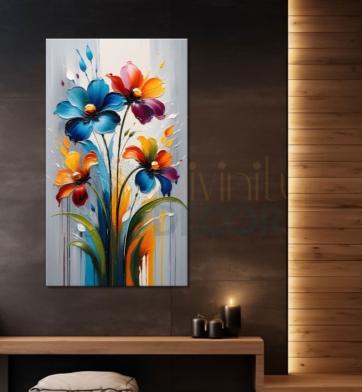 Colourful flowers in grey textured background painting- Flower-V-151