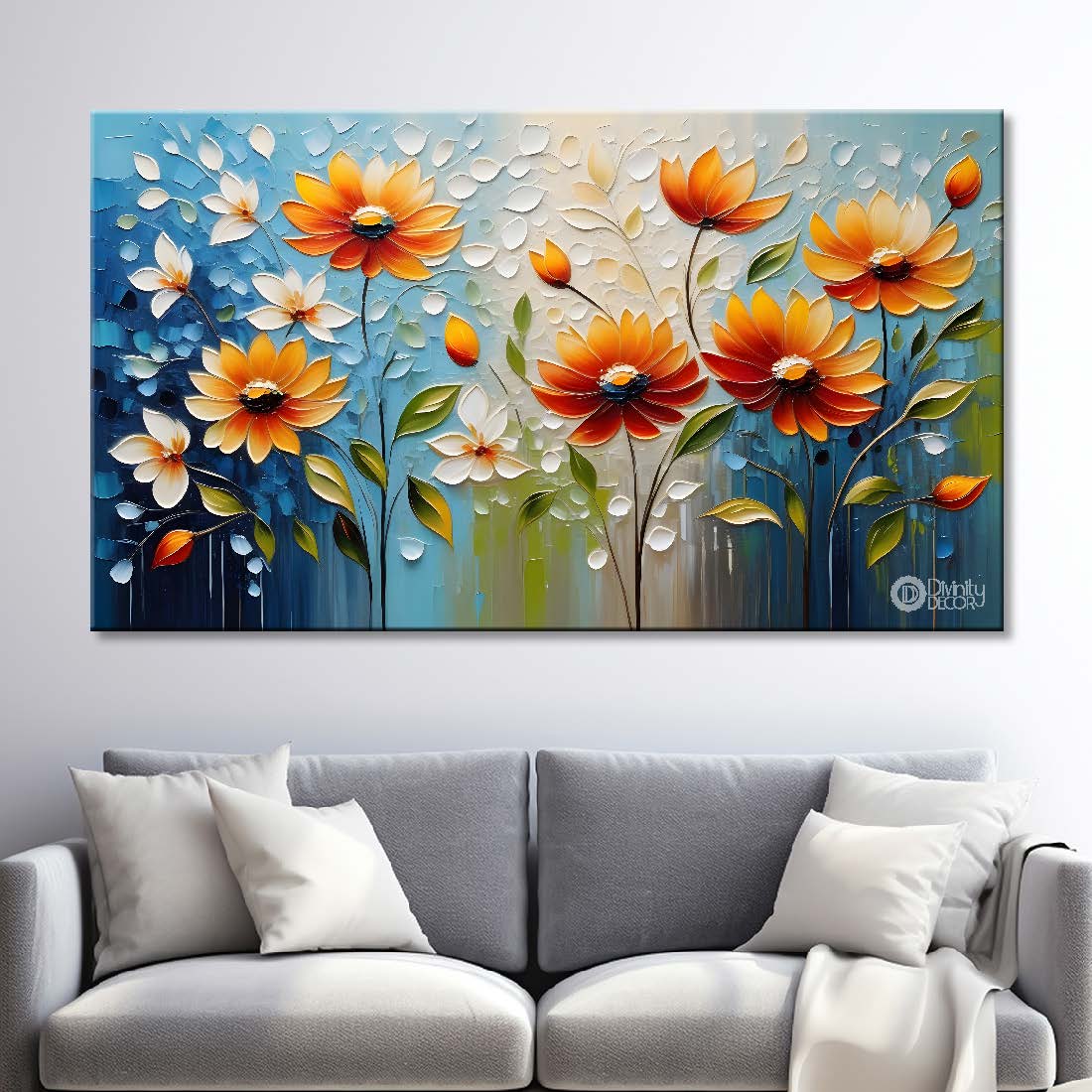 Orange flowers with blue background painting- Design - Flower-152