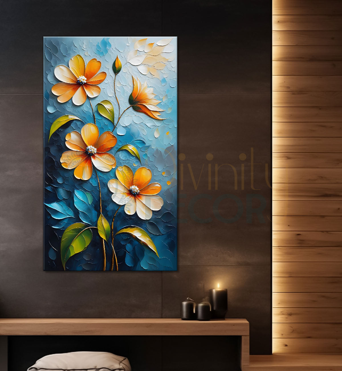 Yellow flowers in sky blue textured background painting- Flower-V-152