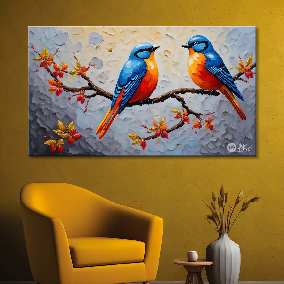 Two birds on the branch in grey background textured art. - Design - Animal - 152