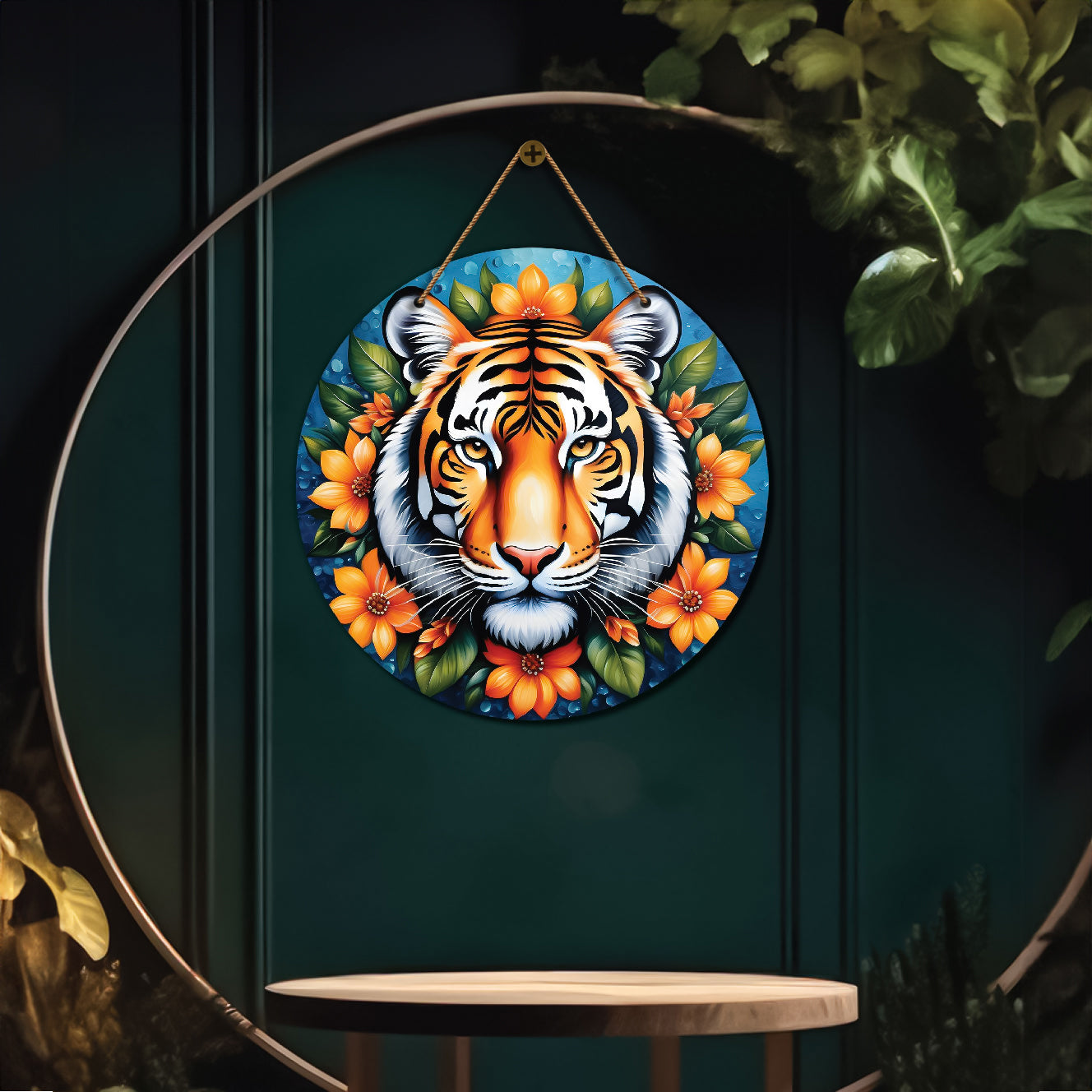Tiger in green and yellow mandala Round Wooden Wall Hanging for wall Décor - Design - 152