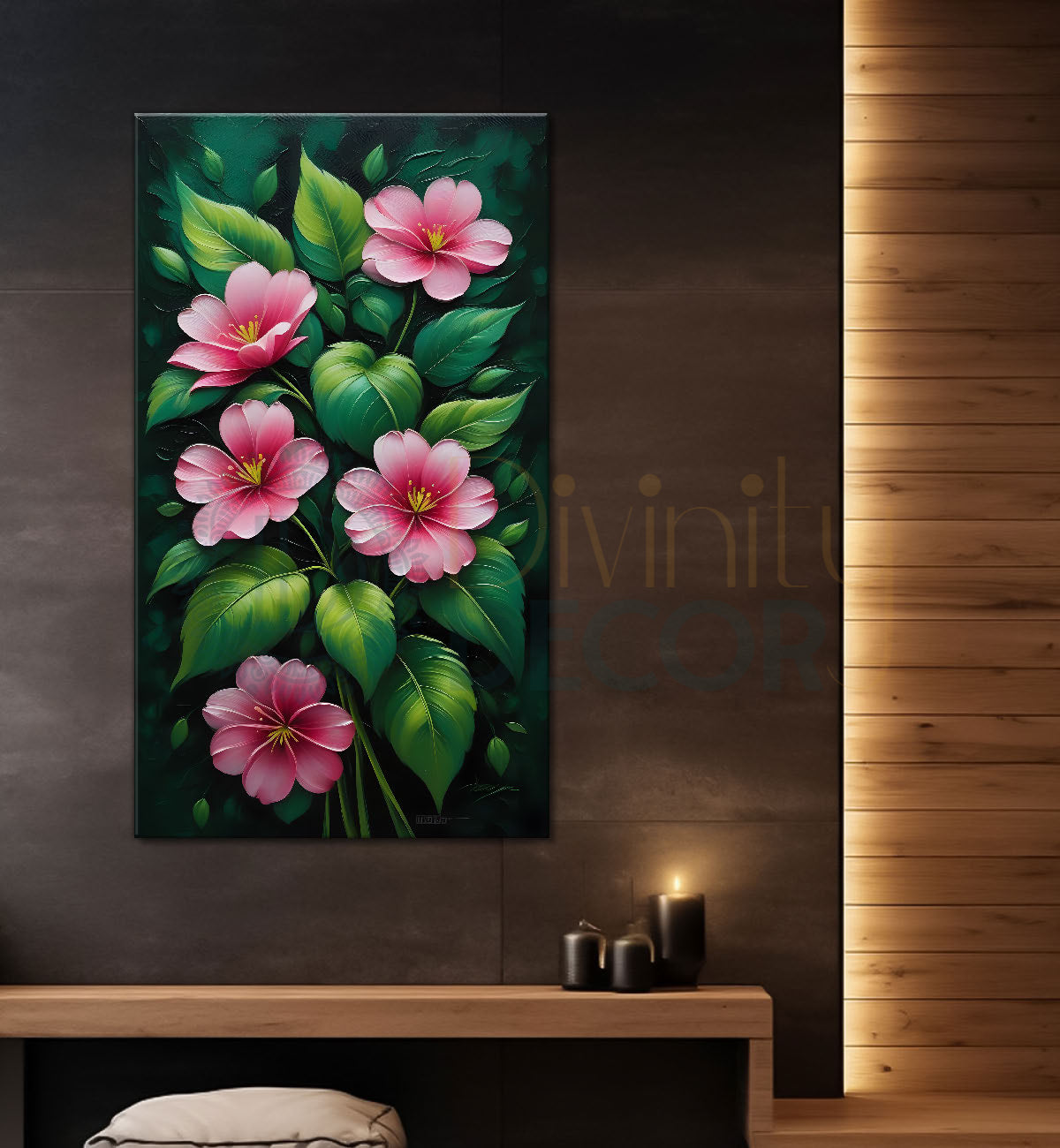 Pink flowers in green textured background painting- Flower-V-153