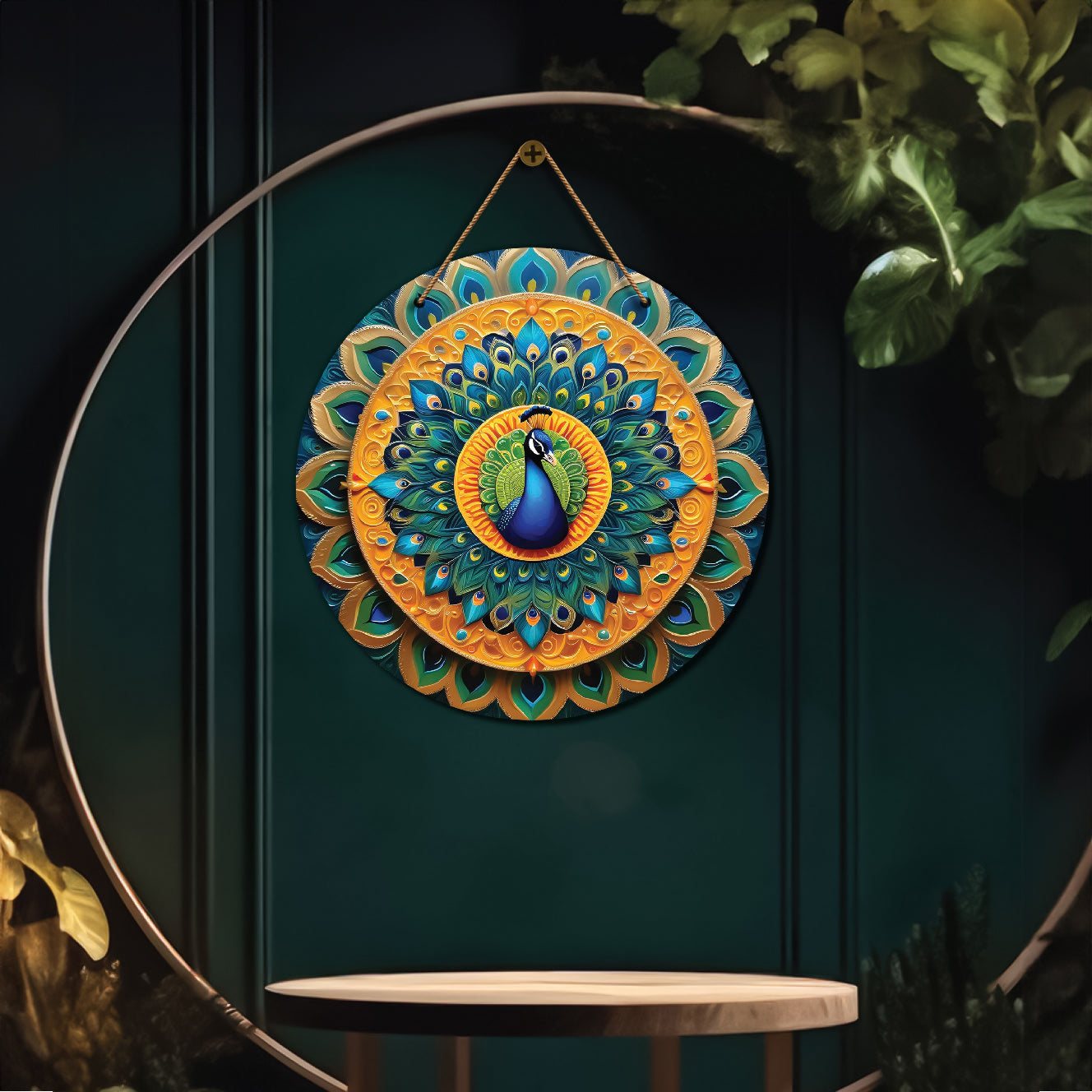 Peacock in green and golden mandala Round Wooden Wall Hanging for wall Décor - Design - 153