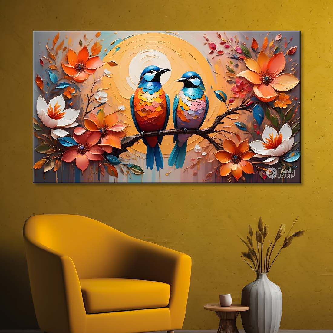 Two birds on the branch with colorful flowers in sunrise background textured art. - Design - Animal - 153