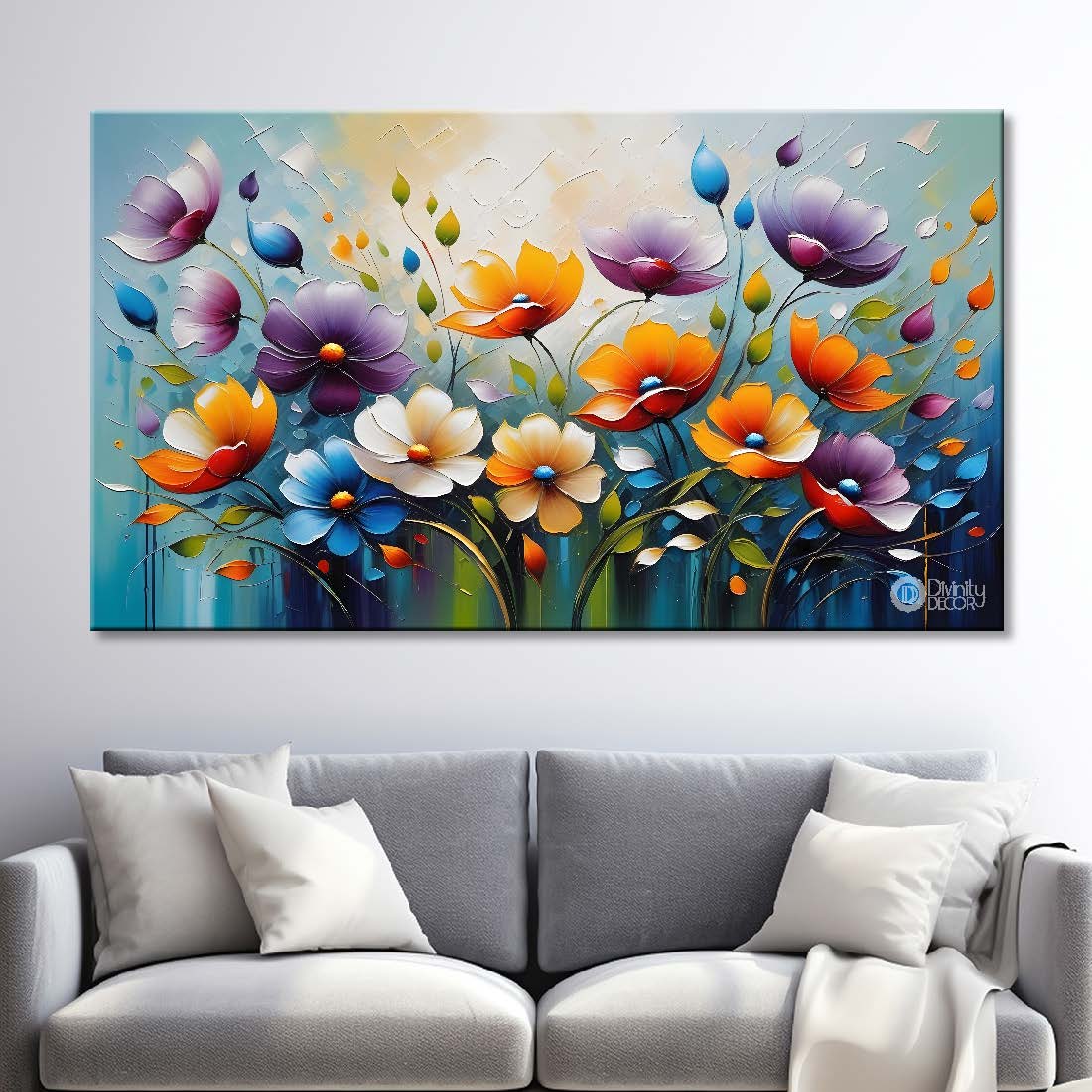 Colorful flowers with blue background- Design - Flower-154