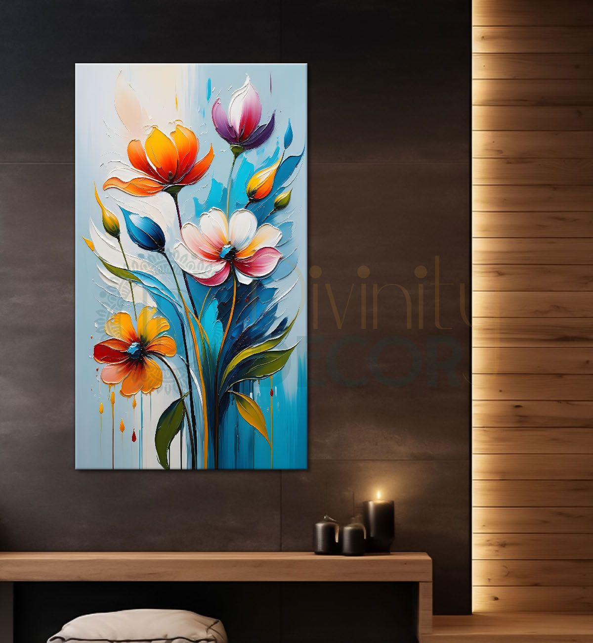 Orange flowers in sky blue textured background painting- Flower-V-154
