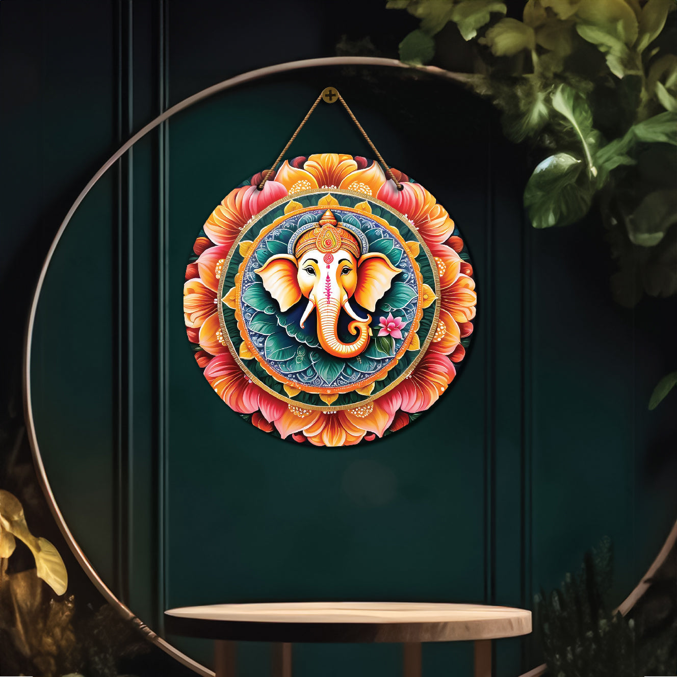 Ganesh Ji in green and floral mandala Round Wooden Wall Hanging for wall Décor - Design - 154
