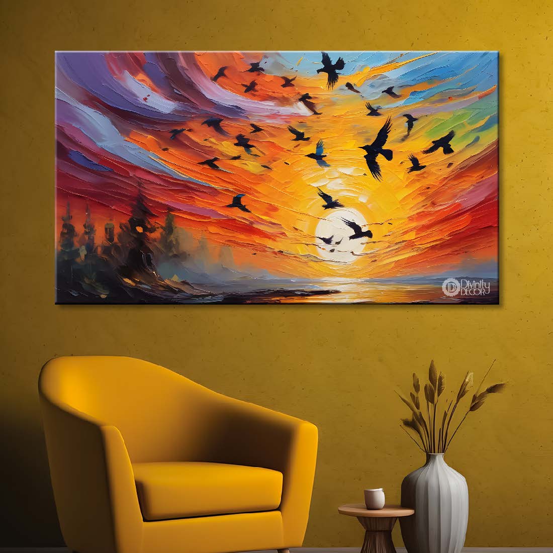 Flying birds in the colorful sky with sunrise textured background art.  - Design - Animal - 154