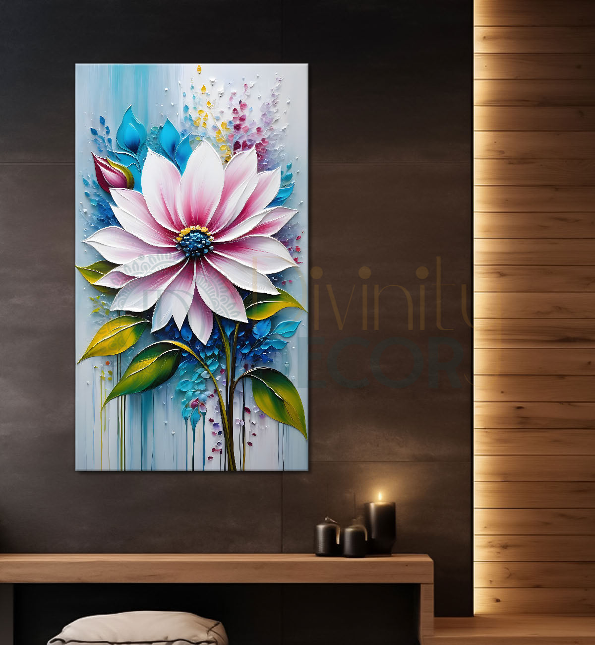 Pink flower in sky blue textured painting- Flower-V-155