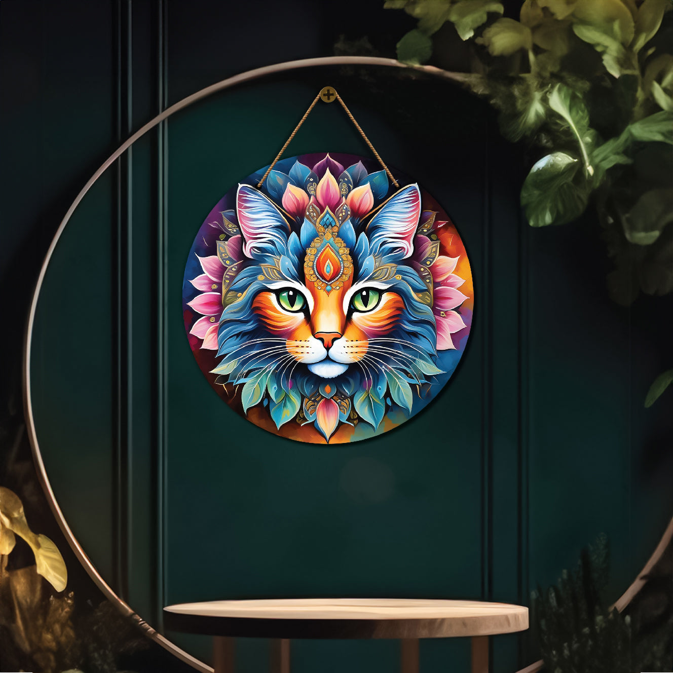 Cat in green and pink mandala Round Wooden Wall Hanging for wall Décor - Design - 155