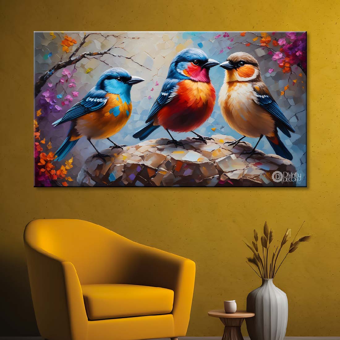 Three birds on the rock with colorful textured background art. - Design - Animal - 155