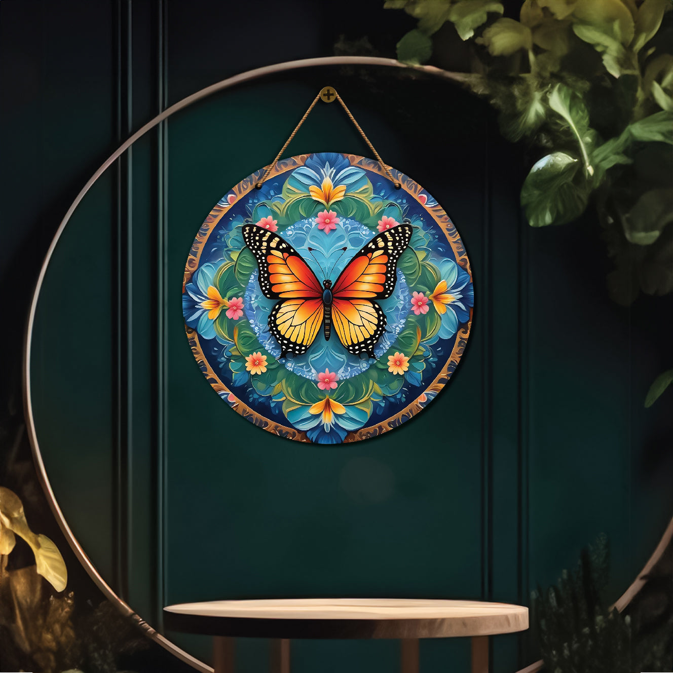 Butterfly in green and yellow mandala Round Wooden Wall Hanging for wall Décor - Design - 156