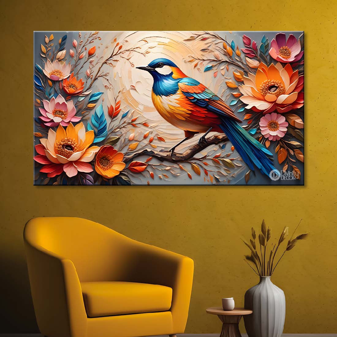Bird on the branch with colorful flowers in light background art - Design - Animal - 156