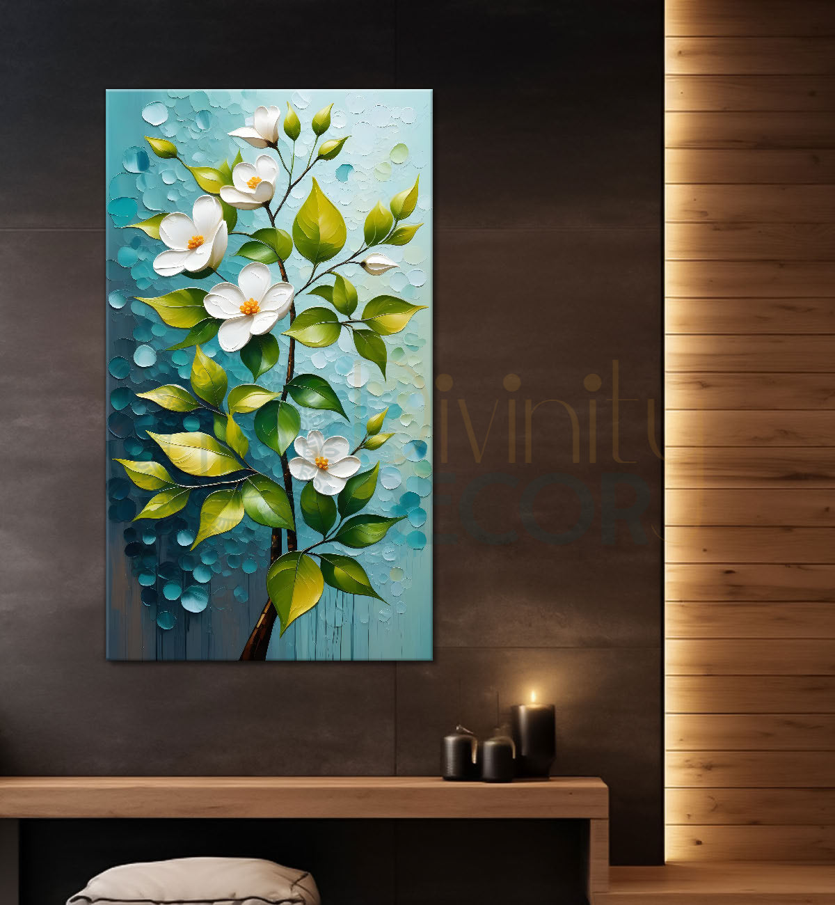 White flowers in sky blue textured background painting- Flower-V-156