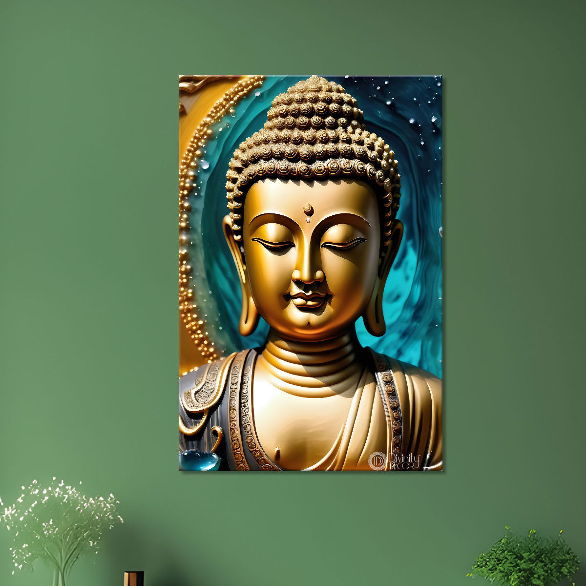 Golden buddha with blue texturd painting - Buddha-V-156