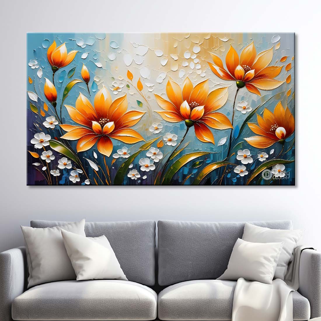 Orange flowers with blue background painting- Design - Flower-157
