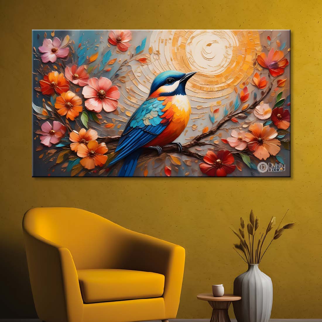 Bird on the branch with colorful flowers in light background art - Design - Animal - 157