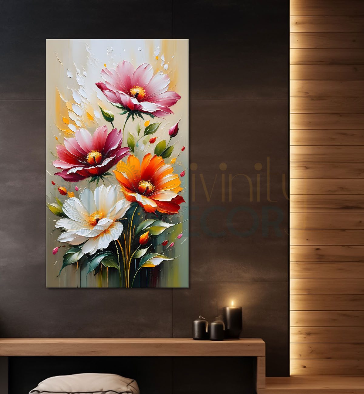 Colourful flowers in light brown textured painting- Flower-V-157