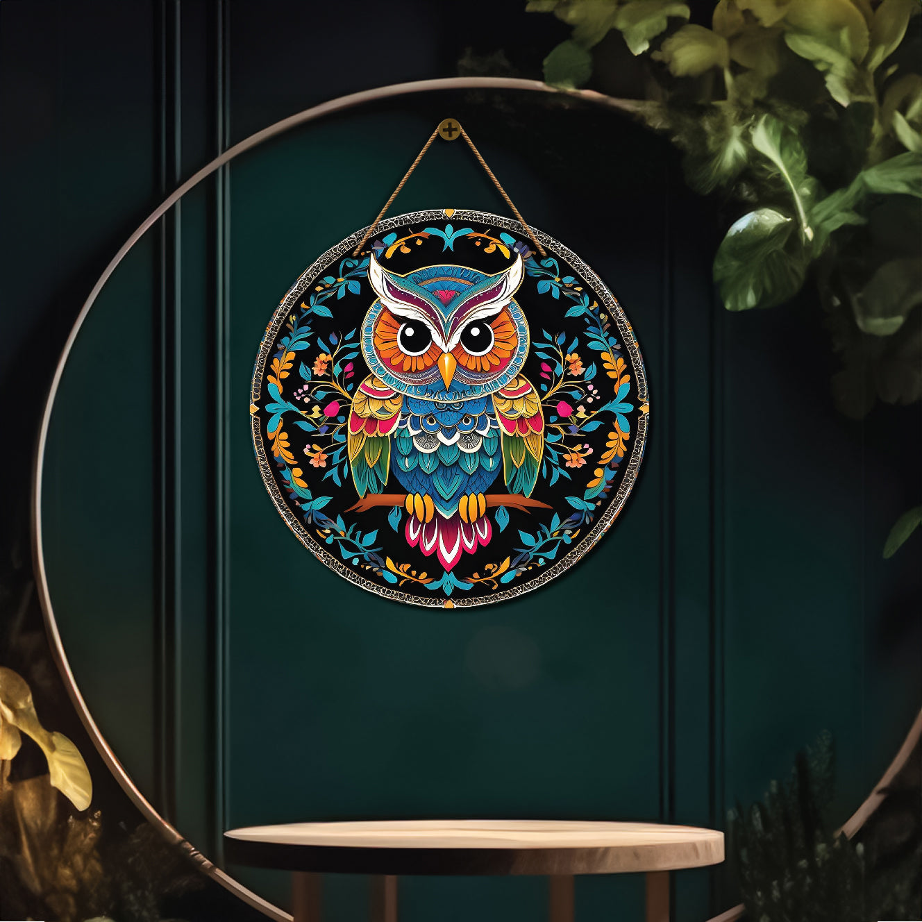 Owl in green and black mandala Round Wooden Wall Hanging for wall Décor - Design - 157