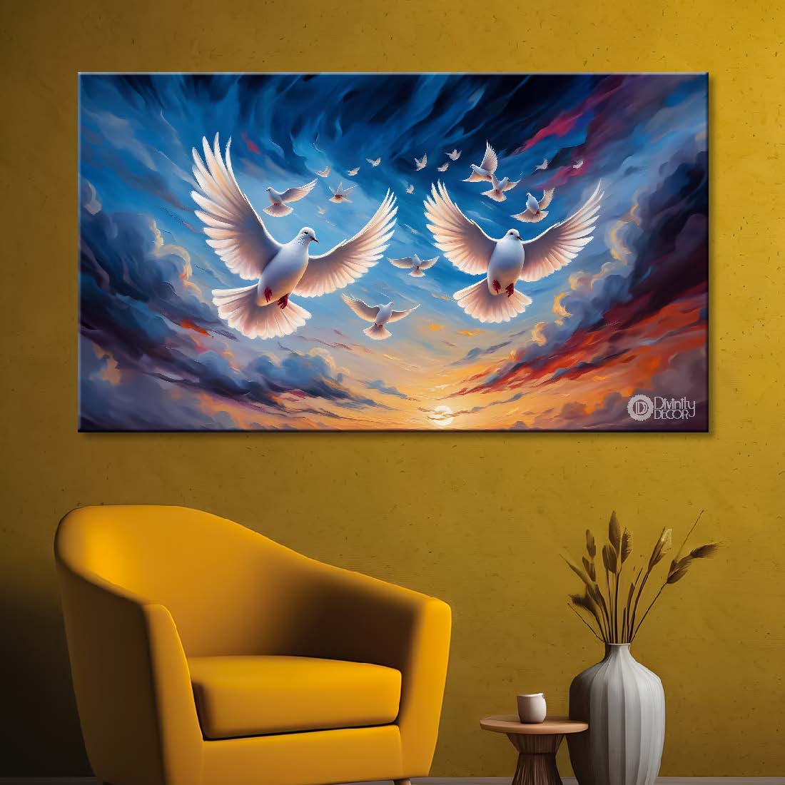 Two white pigeons flying in the sky textured art. - Design - Animal - 158