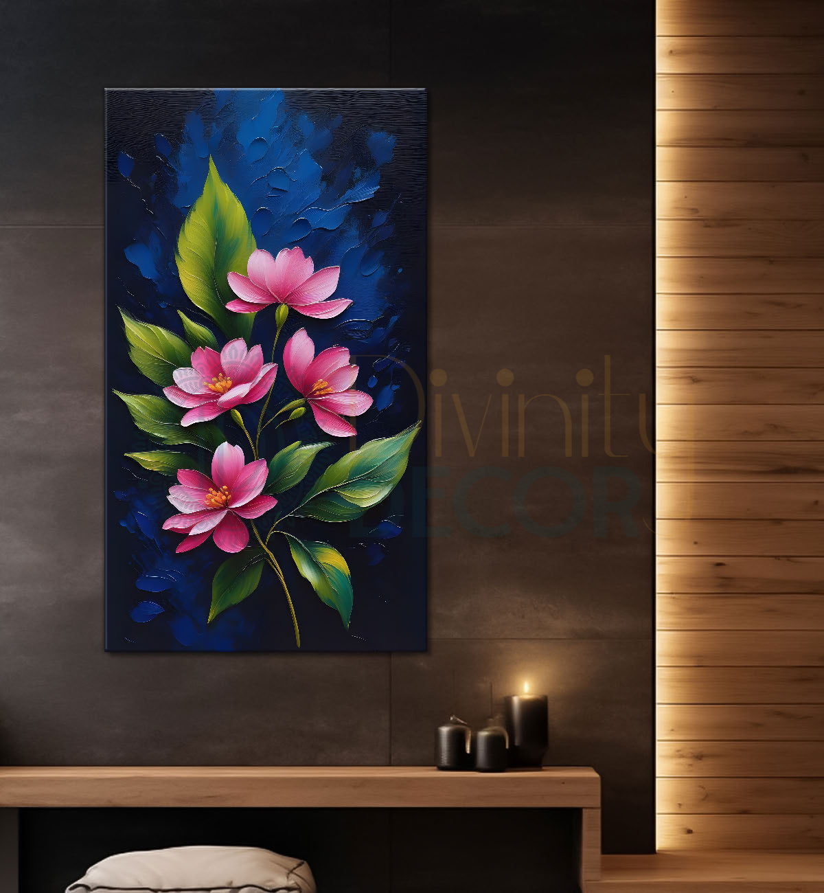 Pink flowers in navy blue textured background painting- Flower-V-158