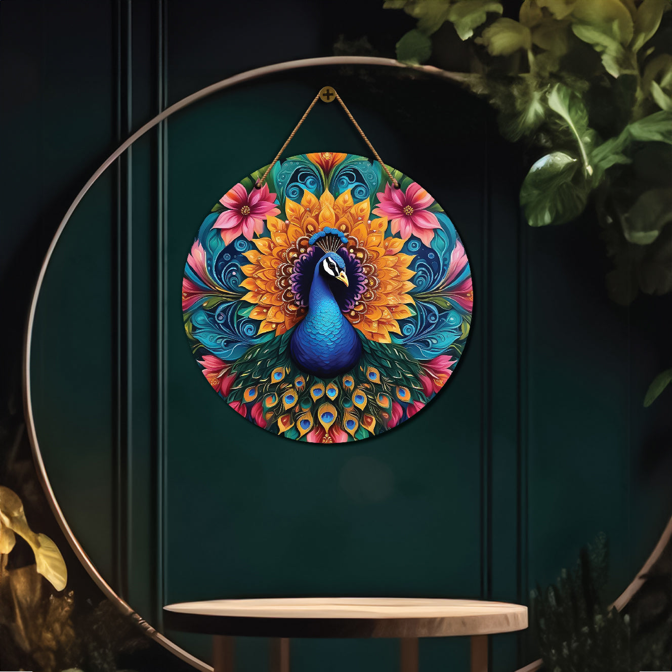 Peacock in green and floral mandala Round Wooden Wall Hanging for wall Décor - Design - 158