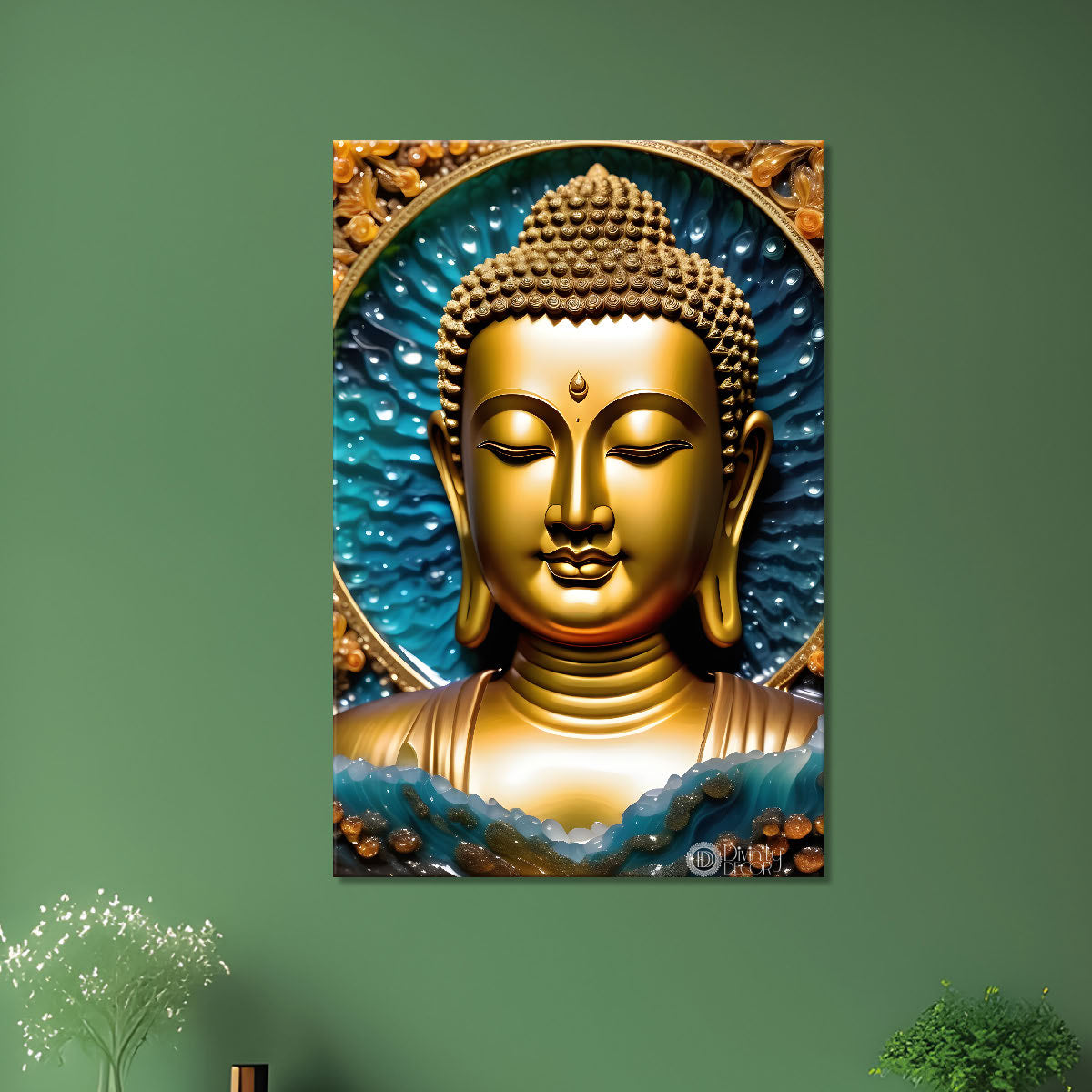 Golden buddha with blue texturd painting - Buddha-V-158