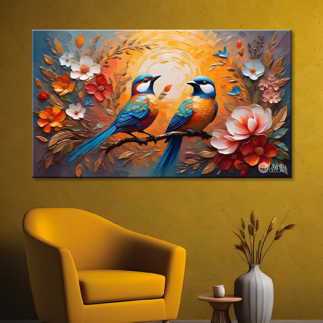 Birds on the branch with colorful flowers in light background art - Design - Animal - 159