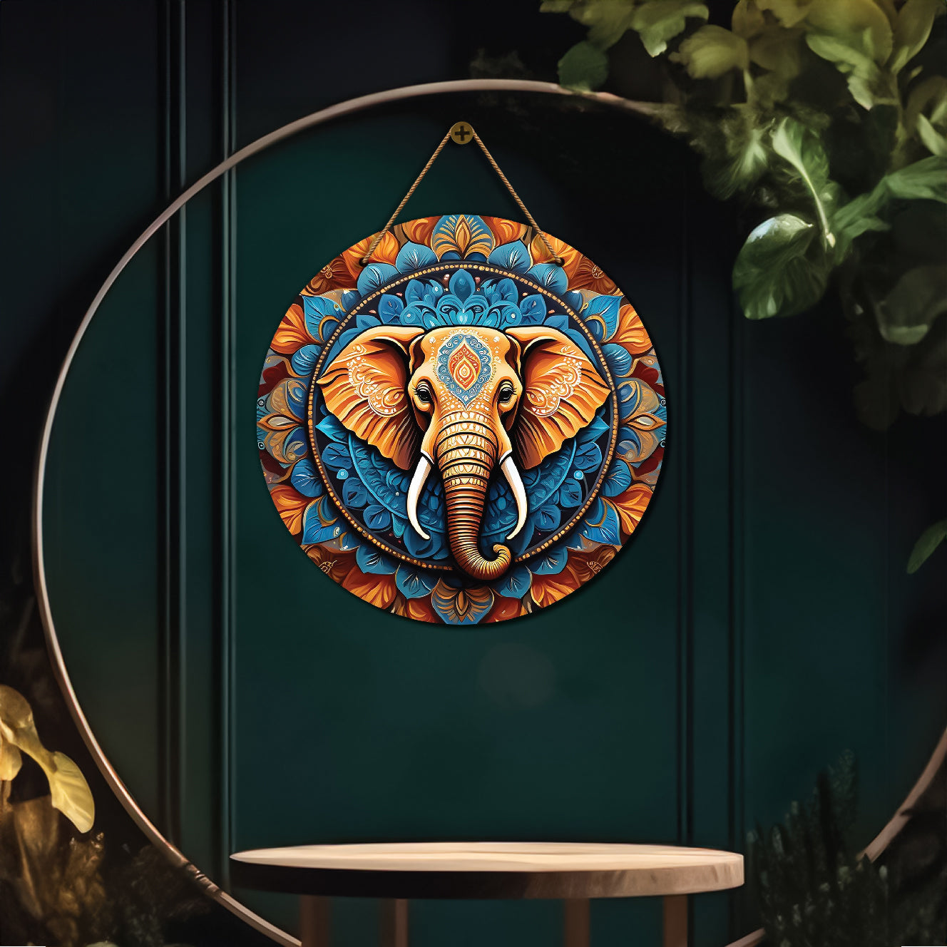 Elephant in blue and orange mandala Round Wooden Wall Hanging for wall Décor - Design - 159