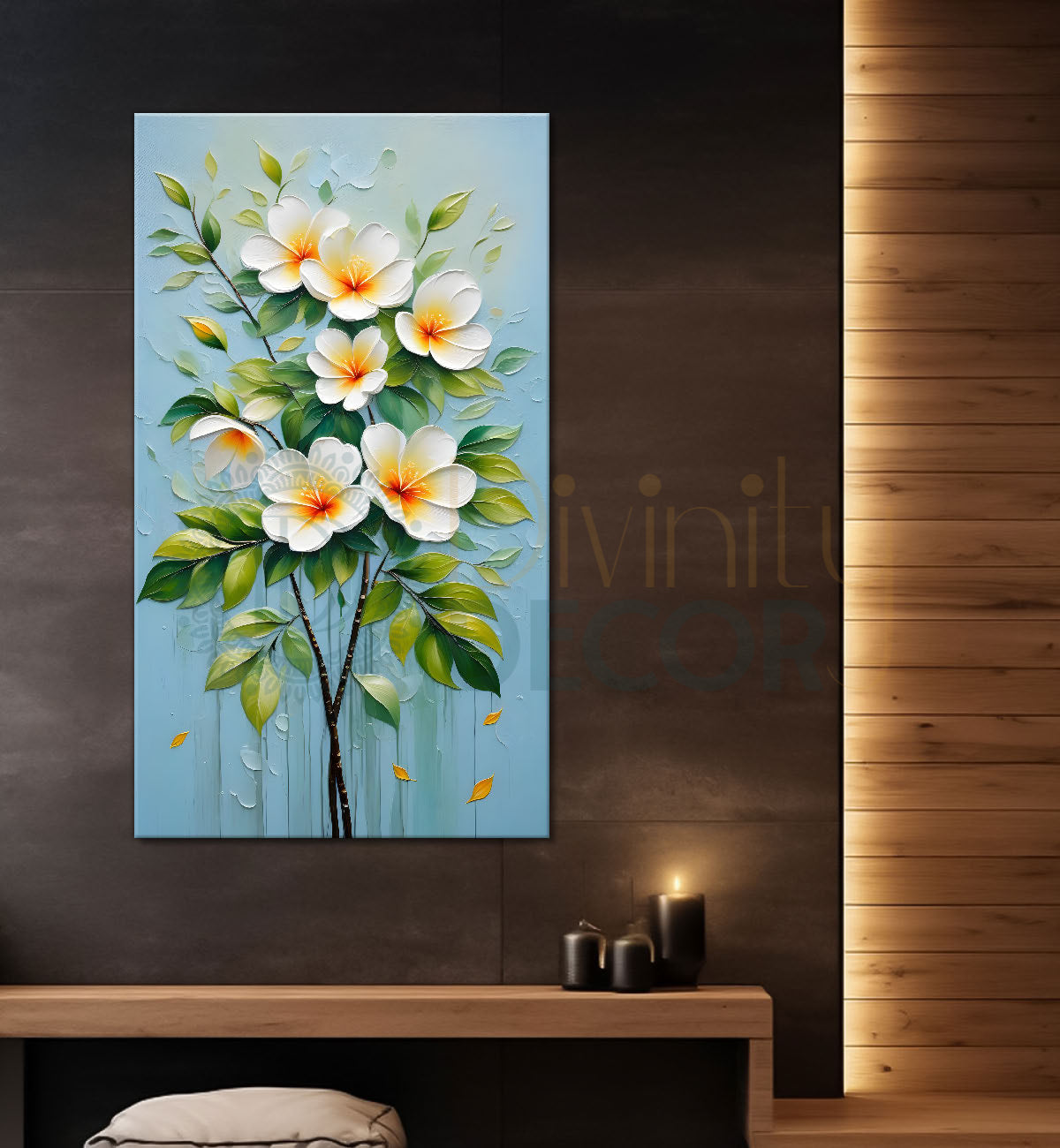 White flowers in blue textured background painting- Flower-V-159