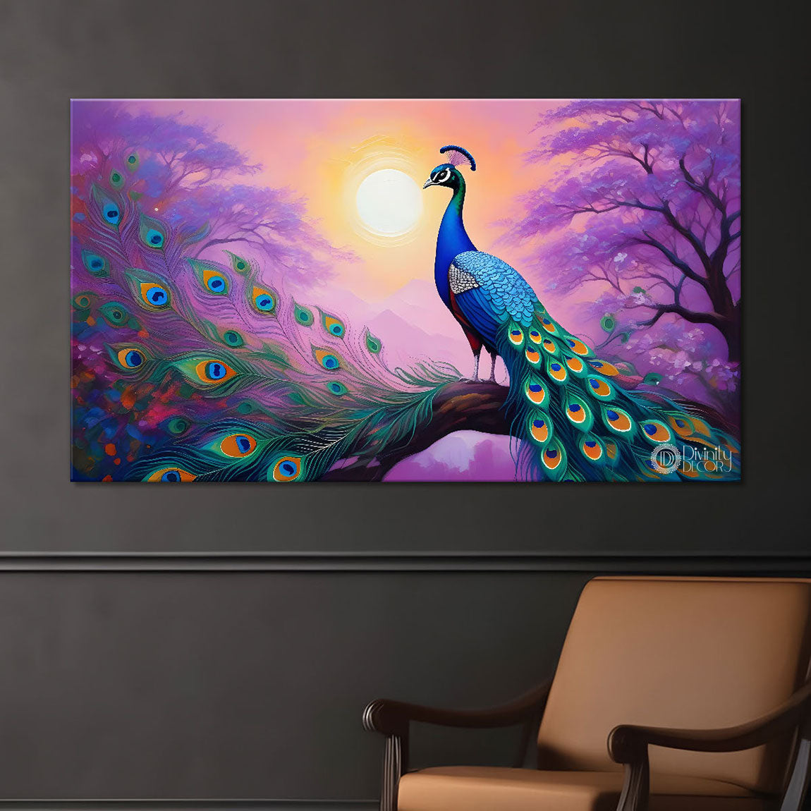 Peacock on the branch of purple tree modern art Canvas Painting - Design - Peacock-16